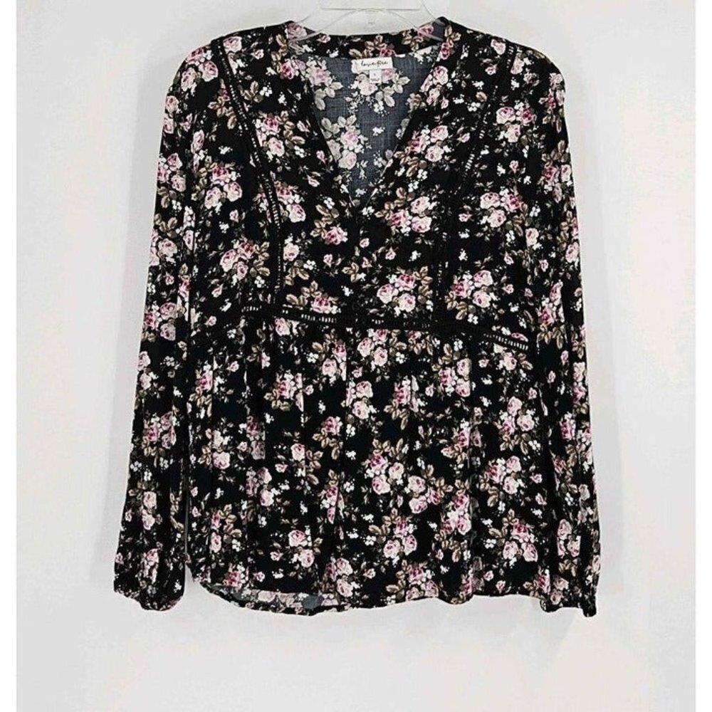 Love Fire Black Floral Lace Trim Elastic Wrist V-Neck Lightweight Top Sz M